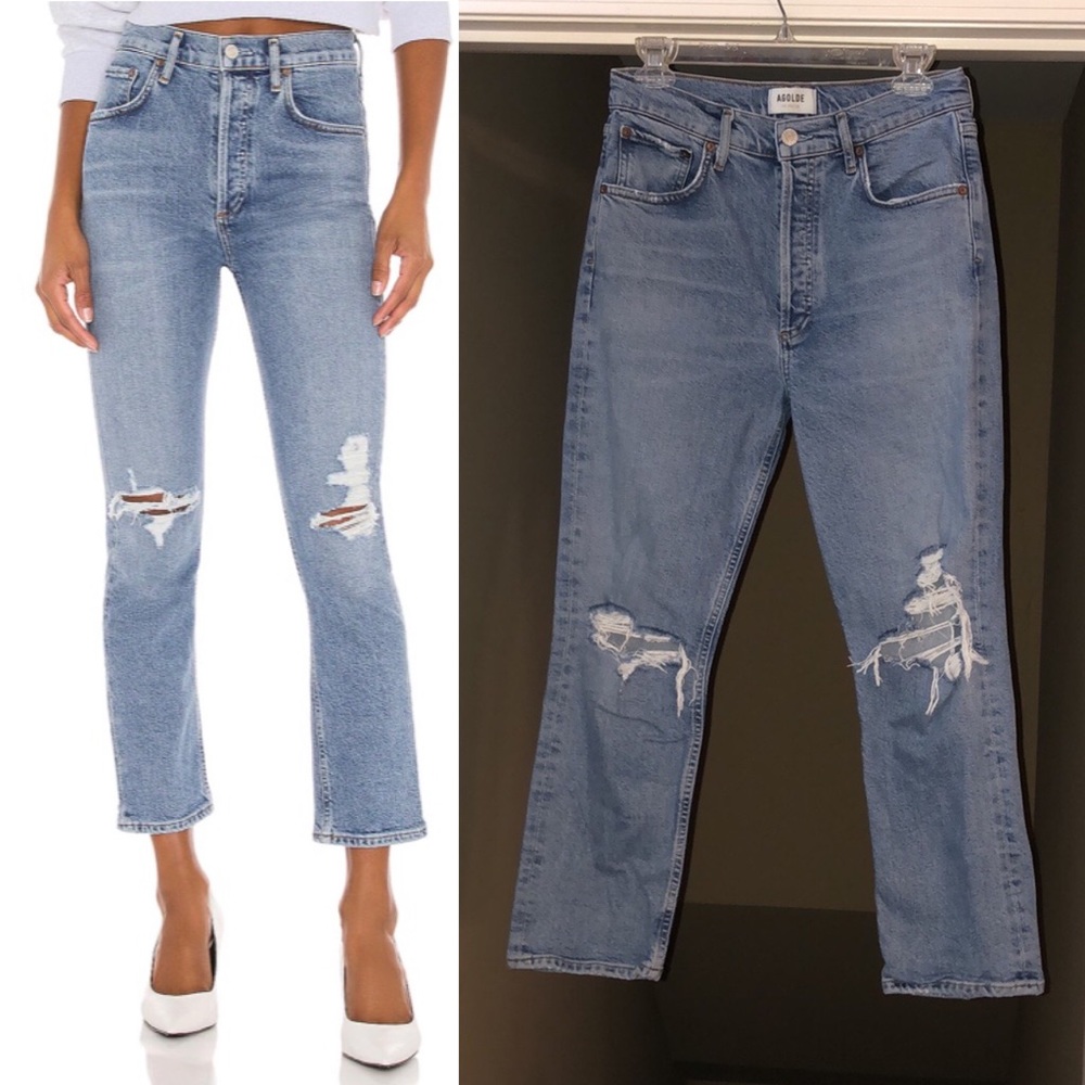 Agolde “Riley” High Rise Distressed Jeans, Size 27.
